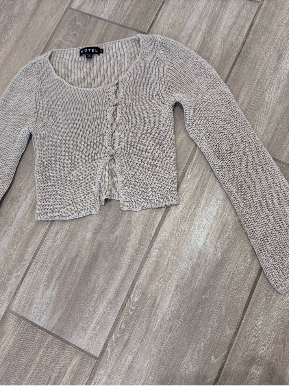 Motel Rocks Light Beige Knit Button-Front Cropped Sweater